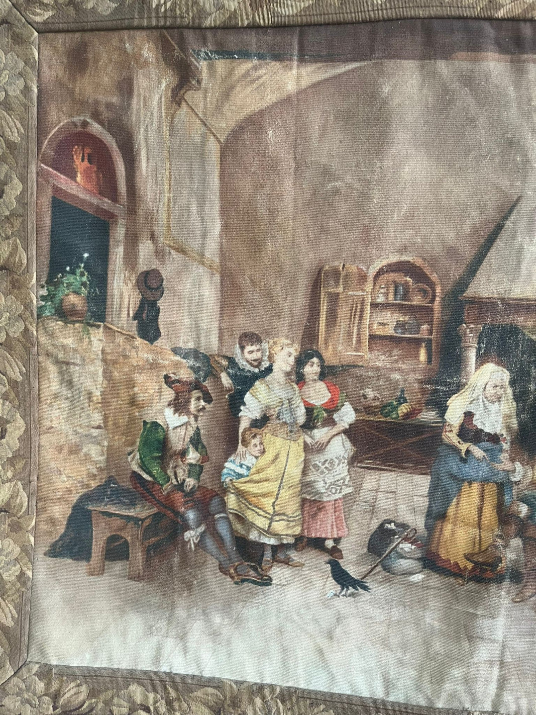 Hand-Painted Interior Scene Tapestry with Bronze Rod — original alternate view and condition details on white