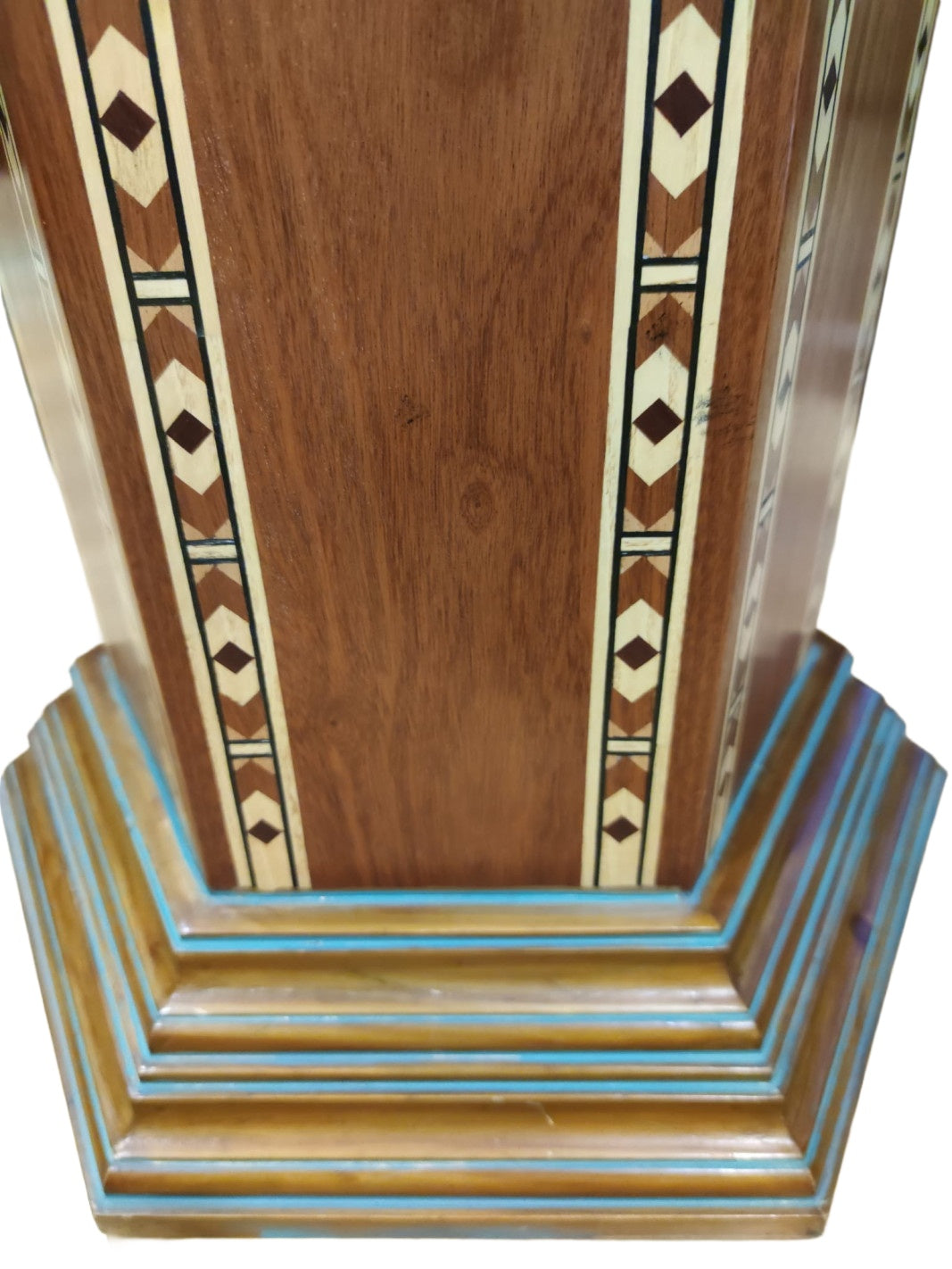Pair of Marquetry Column Tables — original marquetry and base condition detail on white