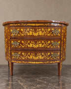 Pair of Floral Marquetry Demi-Lune Consoles in a styled setting