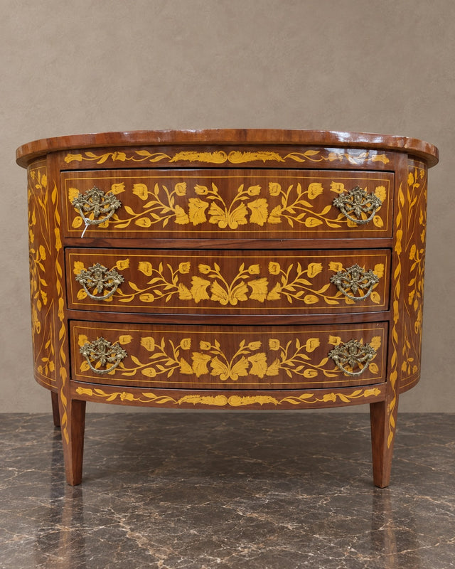 Pair of Floral Marquetry Demi-Lune Consoles