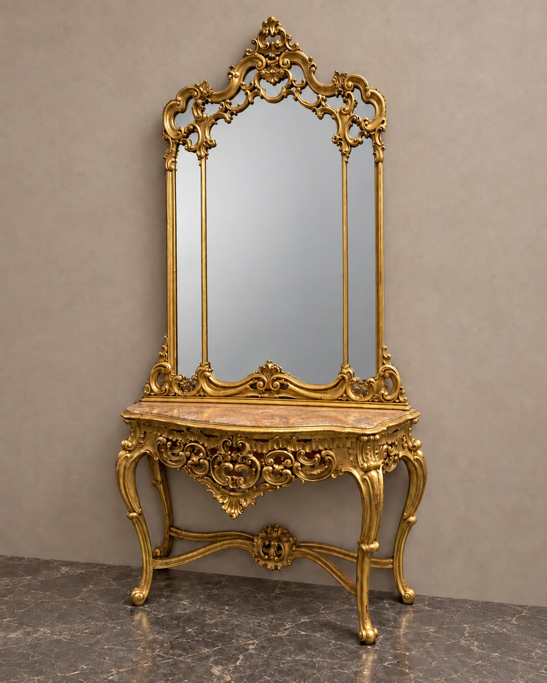 Gilded Marble-Top Console and Mirror in a styled setting