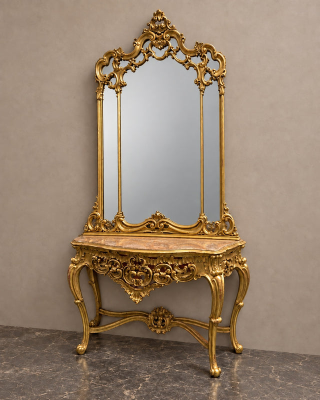 Gilded Marble-Top Console and Mirror