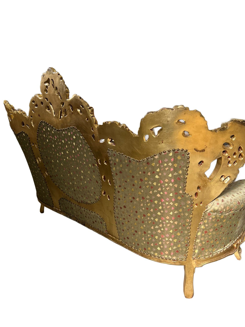 French-Style Gilt Sofa with Floral Upholstery — original alternate view and condition details on white