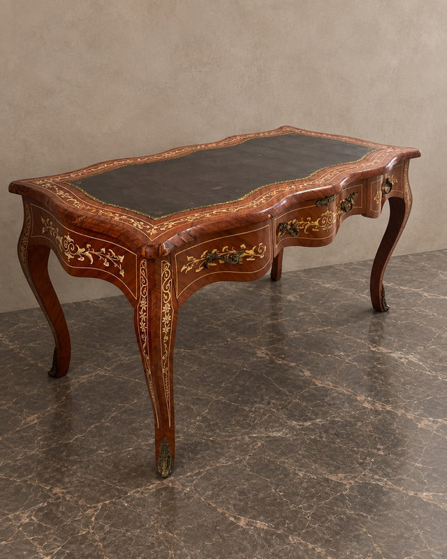Serpentine Marquetry Writing Desk with Leather Top