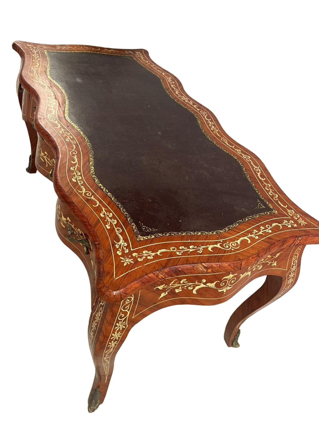 Serpentine Marquetry Writing Desk with Leather Top — original alternate view and condition details on white