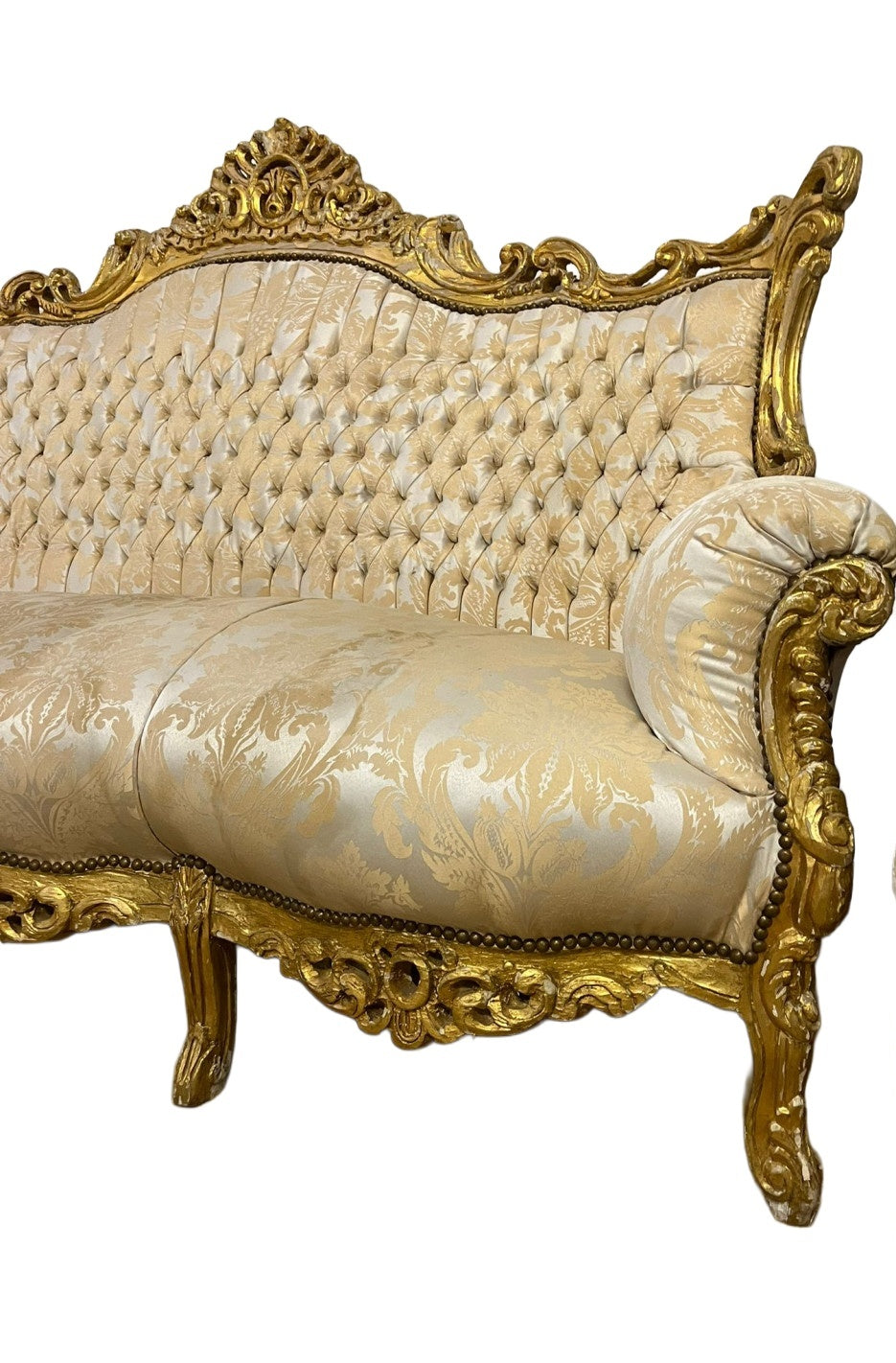 Gilt French-Style Sofa for Restoration — original alternate view and condition details on white