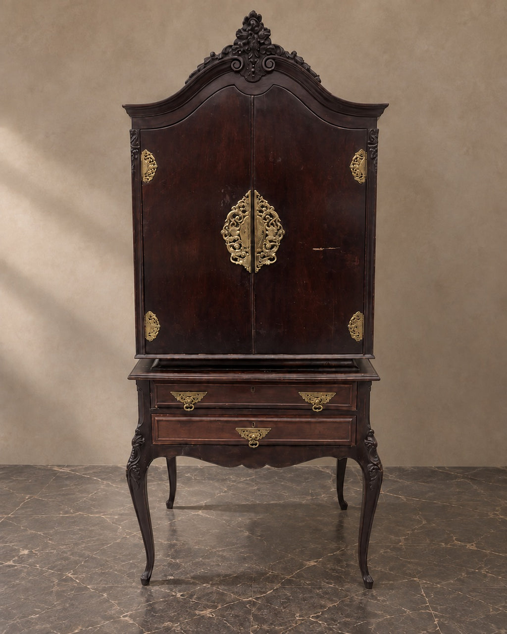 Bronze-Mounted Cabinet on Cabriole Legs in a styled setting