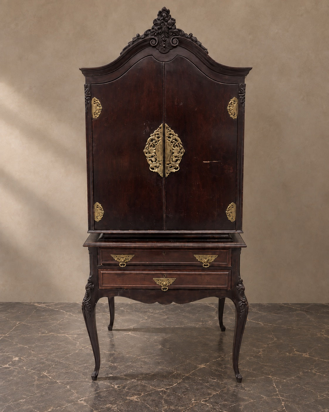 Bronze-Mounted Cabinet on Cabriole Legs in a styled setting