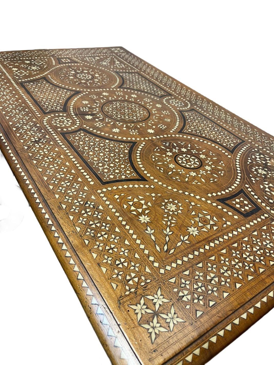 Inlaid Trestle Table with Shaped Supports — original alternate view and condition details on white