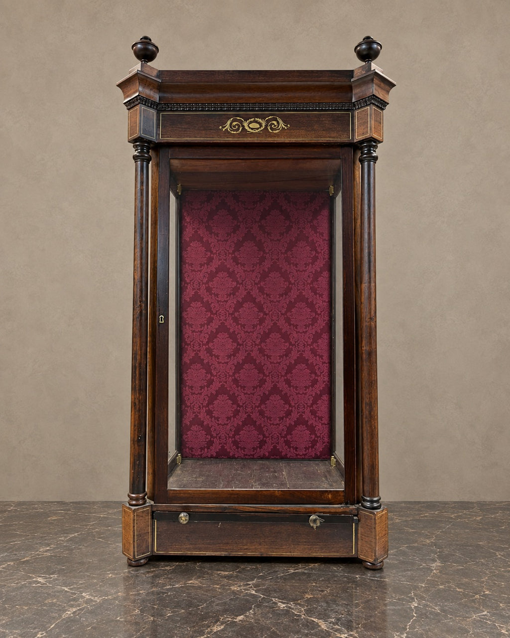 Rosewood Display Cabinet with Burgundy Lining in a styled setting