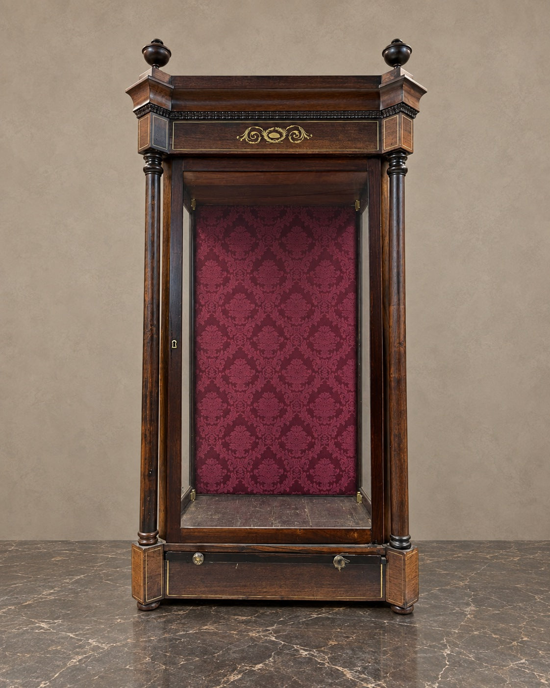 Rosewood Display Cabinet with Burgundy Lining in a styled setting