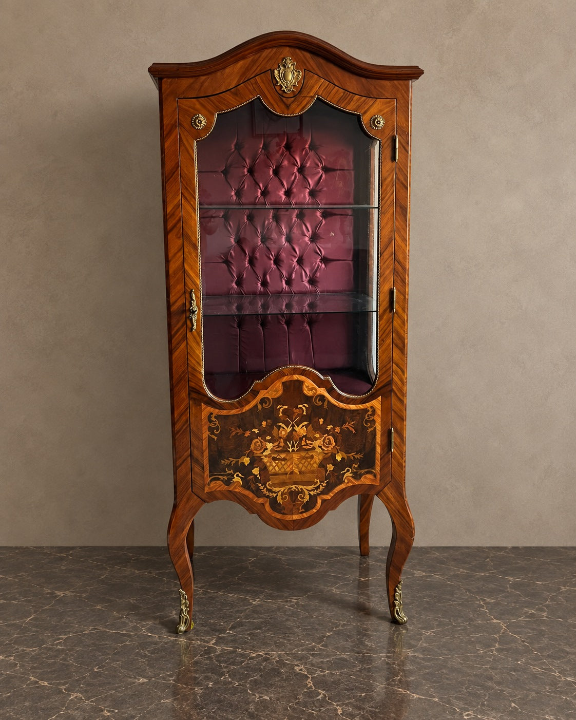 Floral Marquetry Display Cabinet with Buttoned Lining in a styled setting