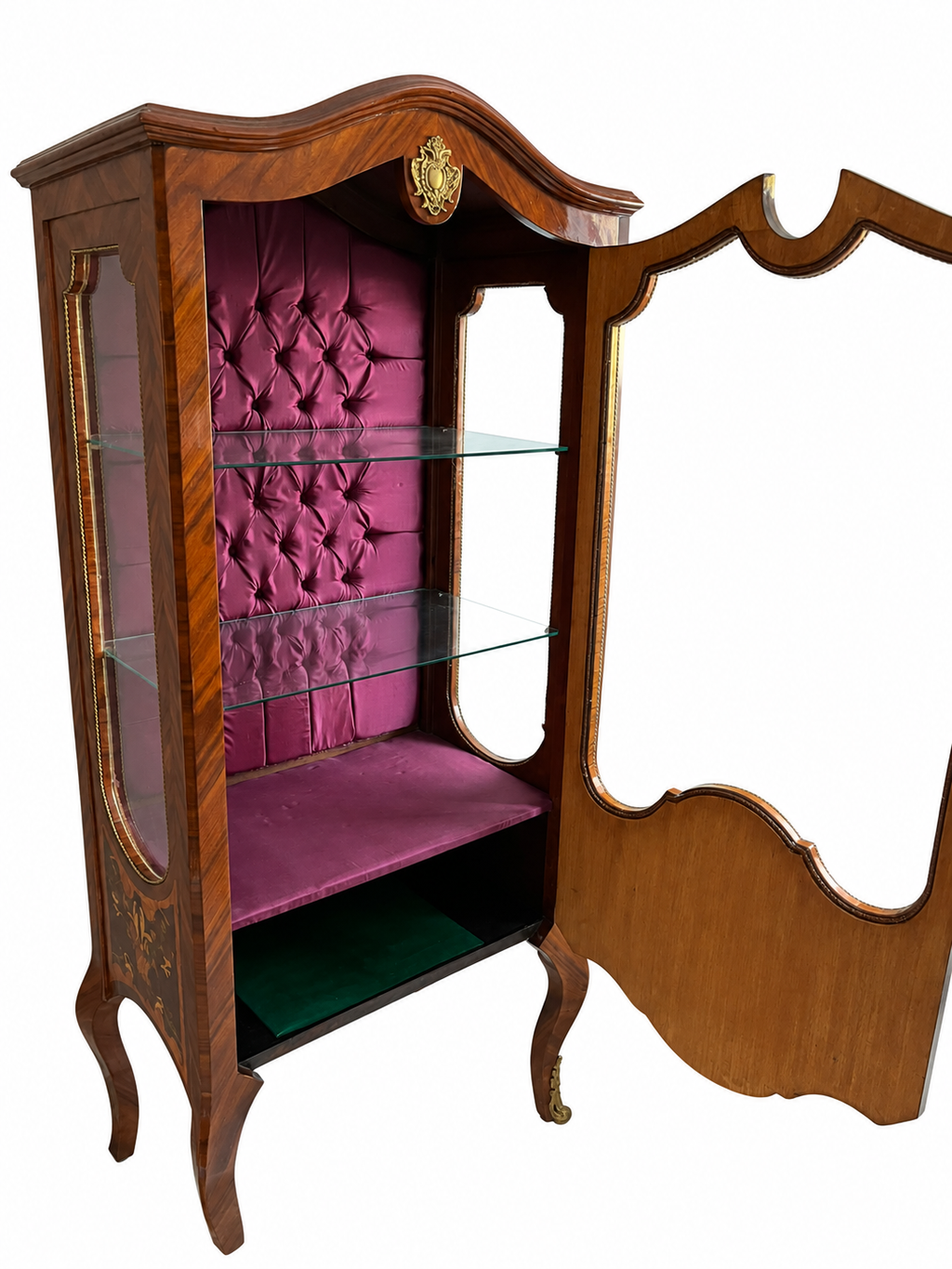 Floral Marquetry Display Cabinet with Buttoned Lining — original alternate view and condition details on white