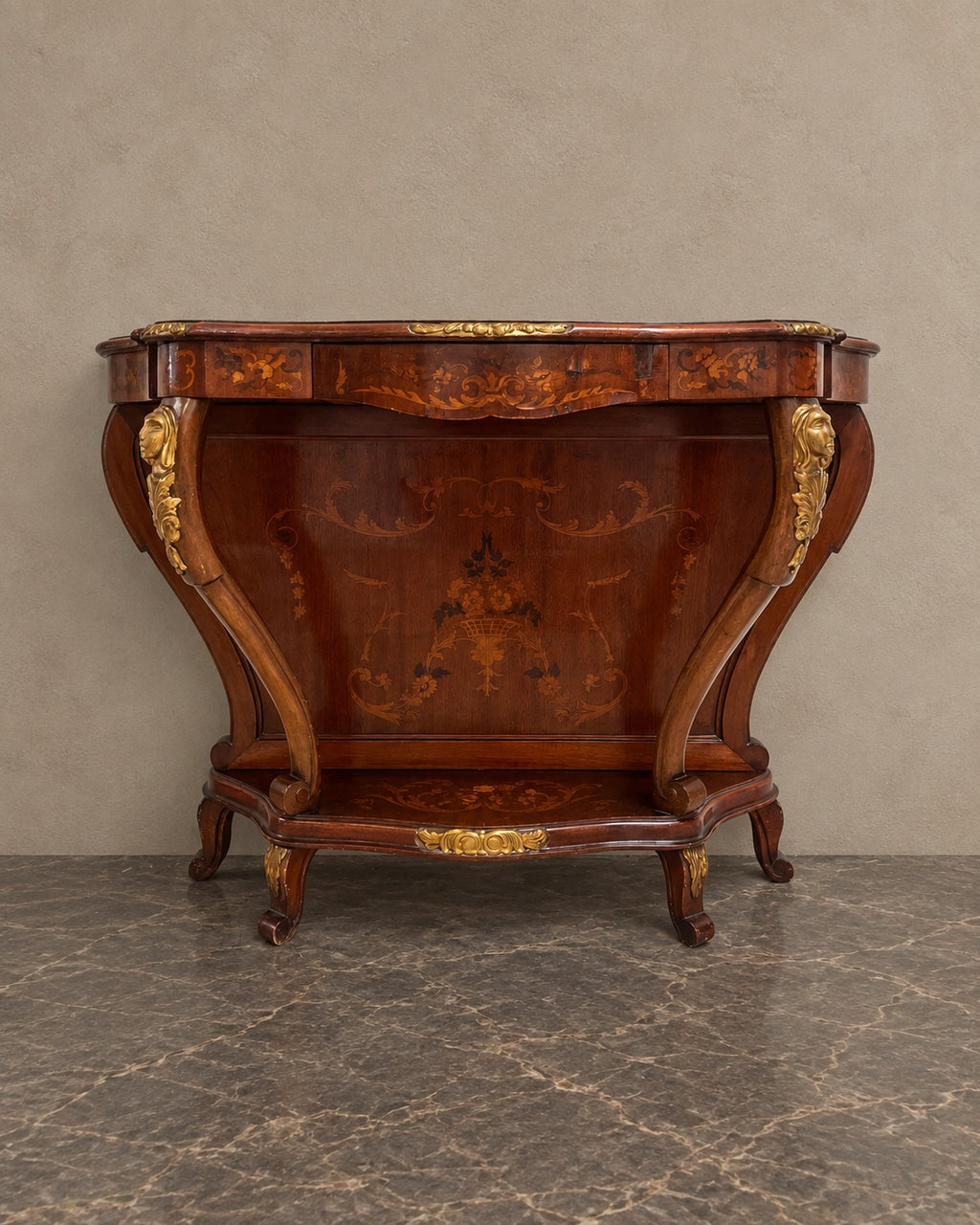 Romantic Scene Marquetry Console in a styled setting