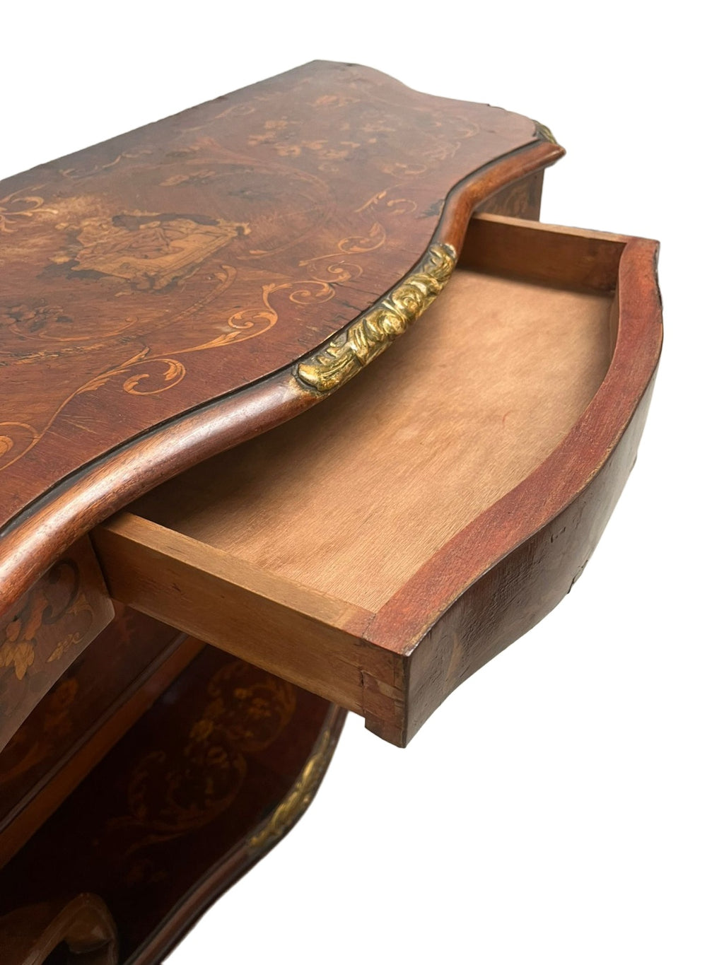 Romantic Scene Marquetry Console — original alternate view and condition details on white