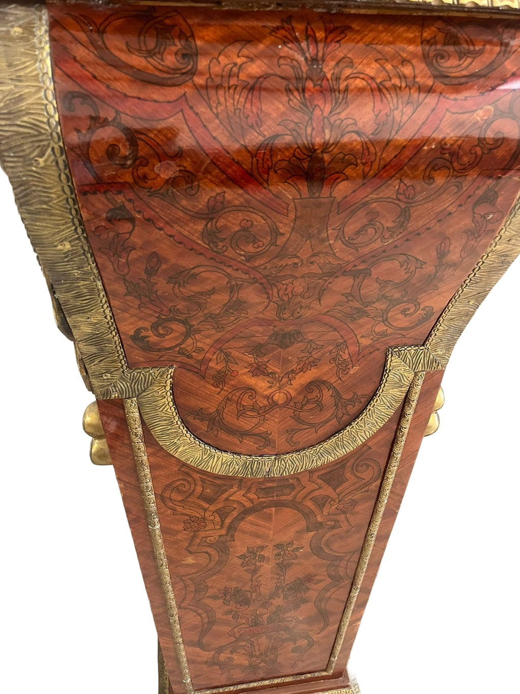 Pair of Bronze-Mounted Marble-Top Pedestals — original decorative panel and bronze mount detail on white