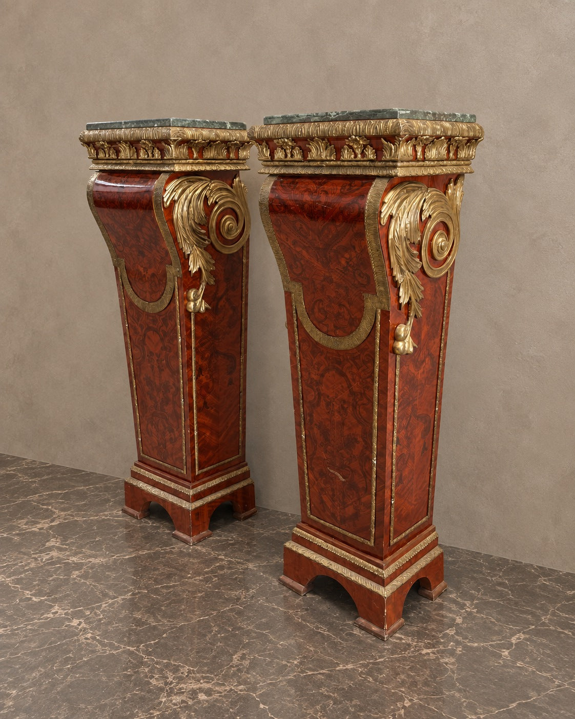 Pair of Bronze-Mounted Marble-Top Pedestals in a styled setting