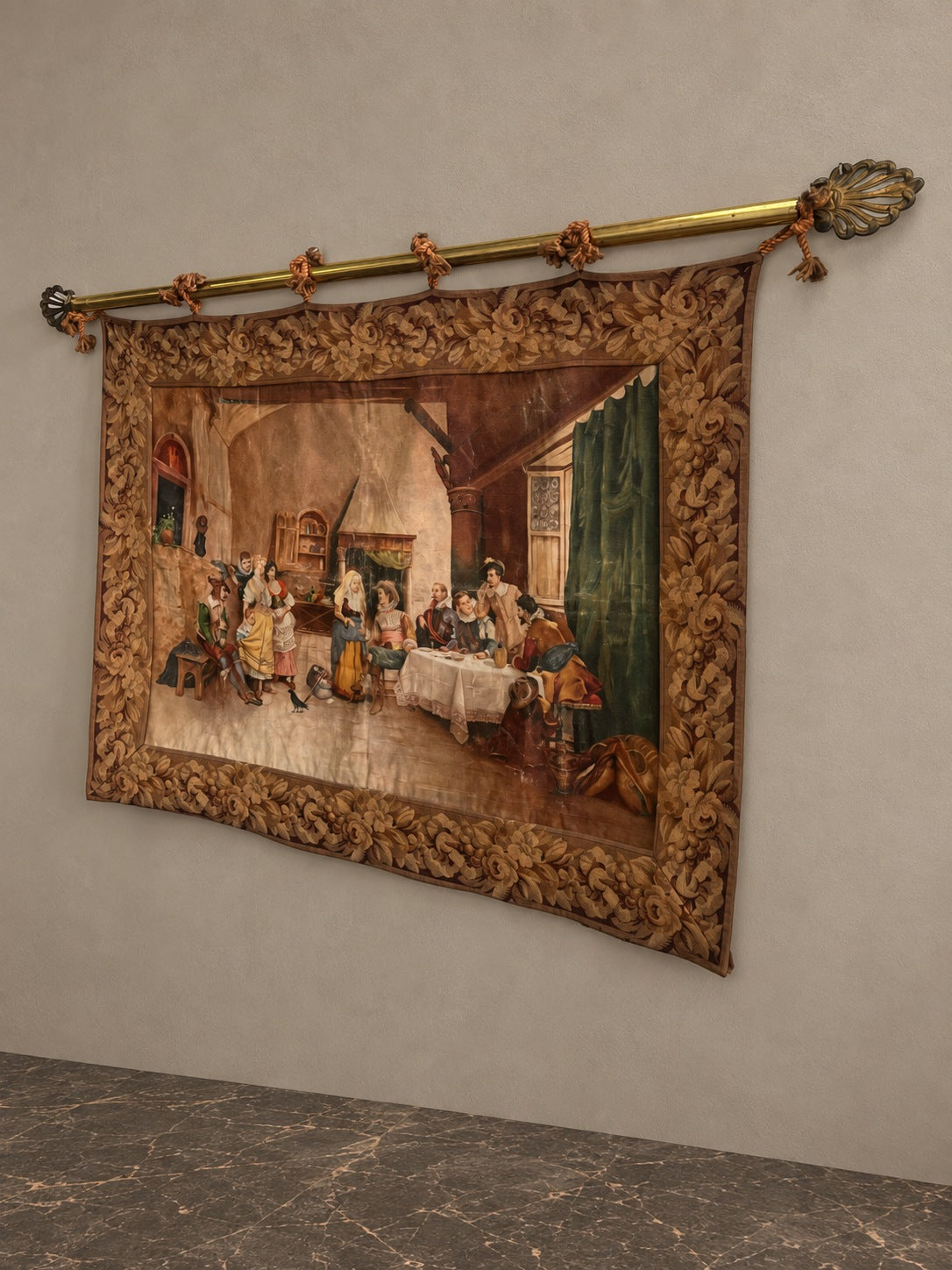 Hand-Painted Interior Scene Tapestry with Bronze Rod in a styled setting