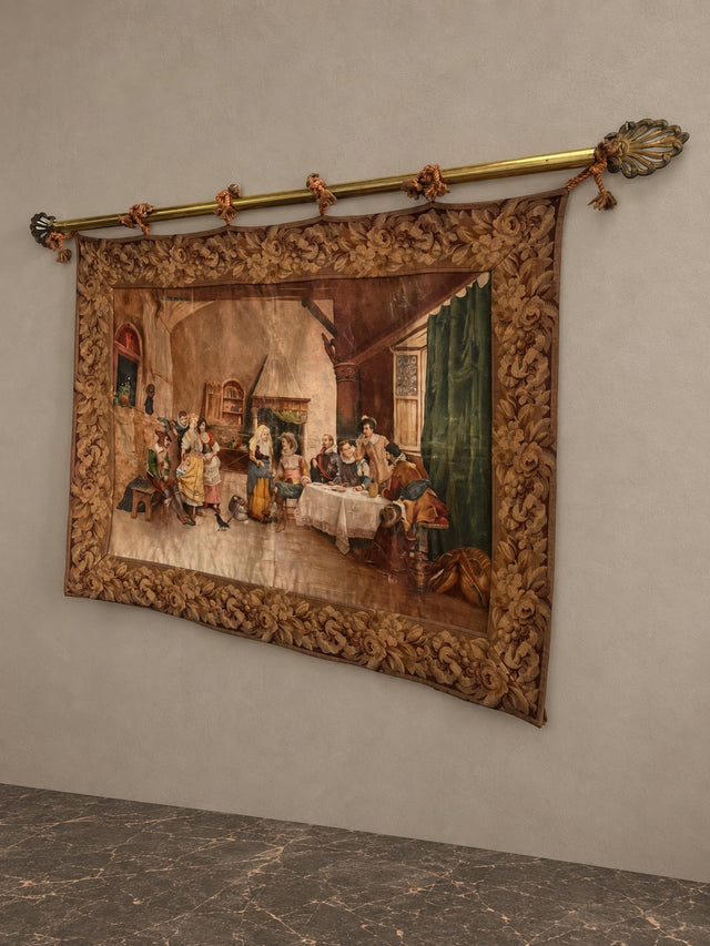 Hand-Painted Interior Scene Tapestry with Bronze Rod