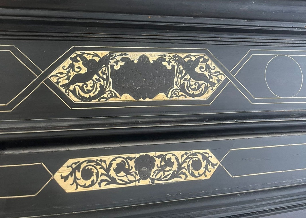 Original close-up showing existing wear and crazing to the ebonised finish and inlaid decoration