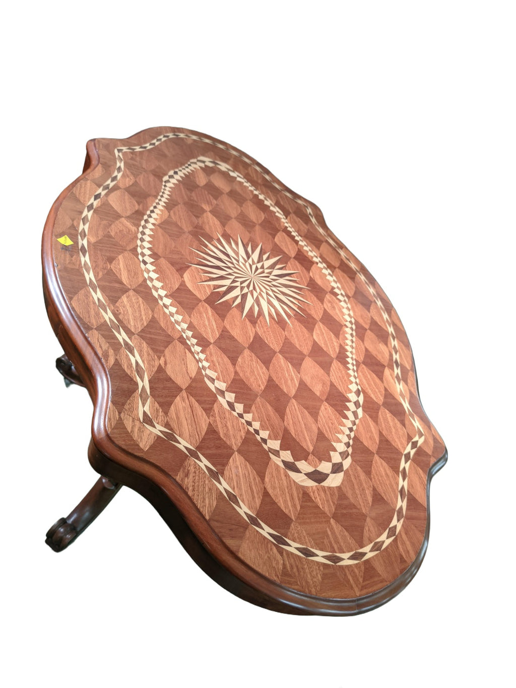 Scalloped Marquetry Pedestal Table — original alternate view and condition details on white