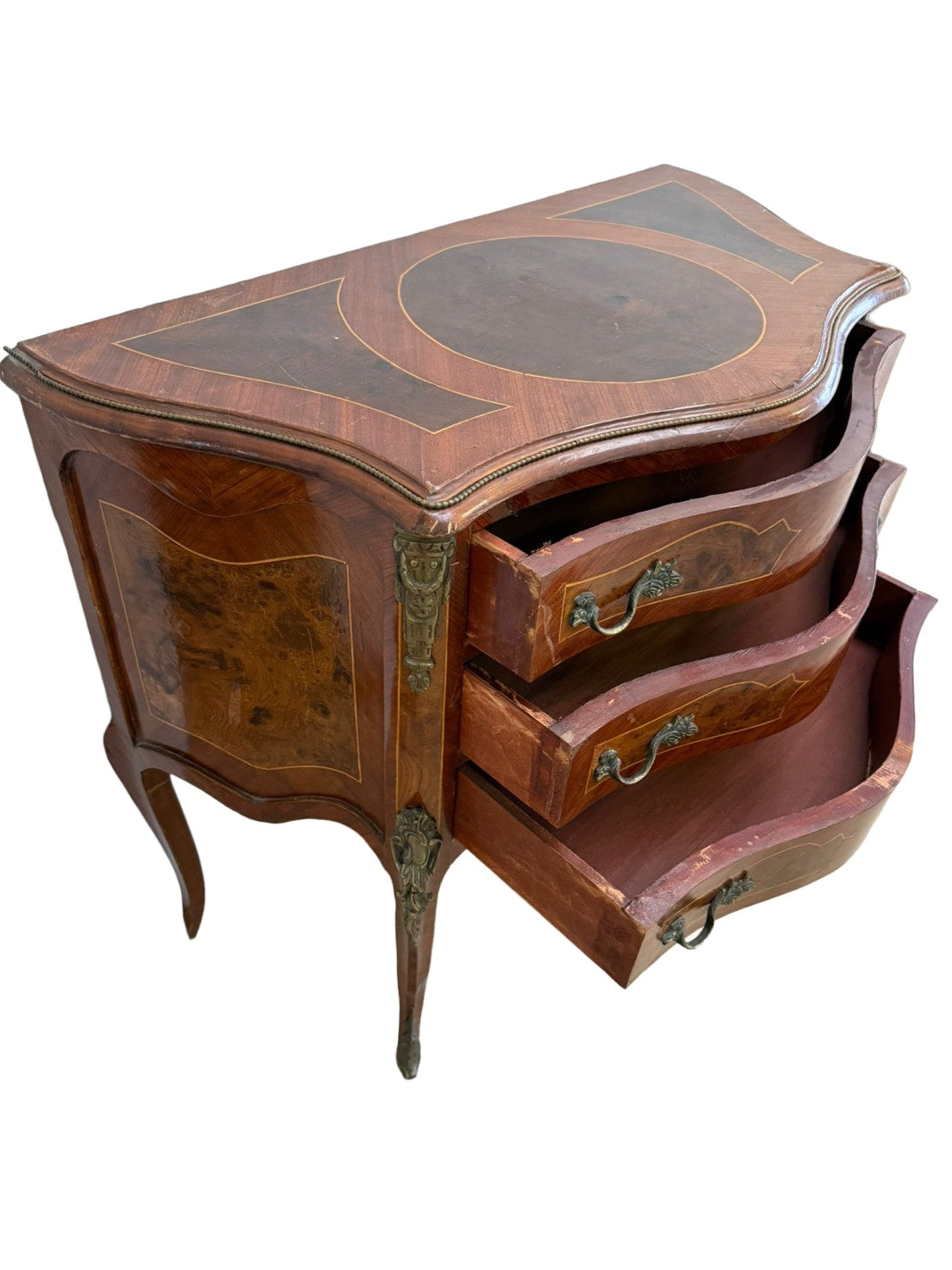 French-Style Marquetry Chest on Cabriole Legs — original alternate view and condition details on white