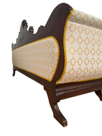 Carved Mahogany Sofa with Geometric Upholstery — original alternate view and condition details on white