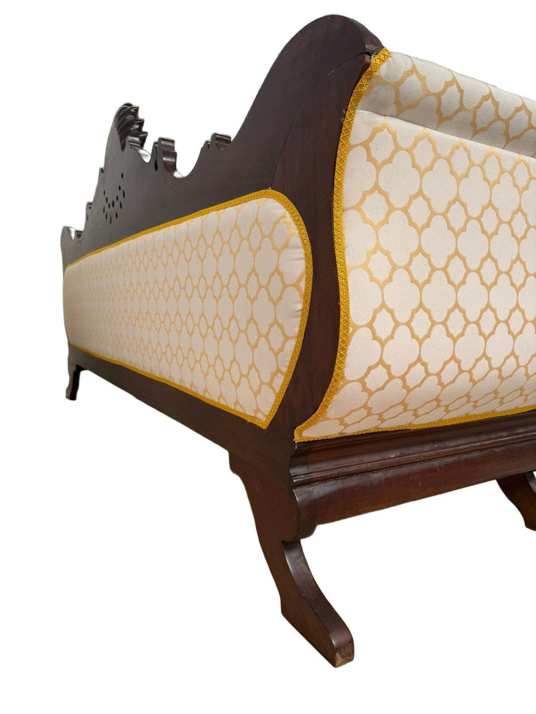 Carved Mahogany Sofa with Geometric Upholstery — original alternate view and condition details on white