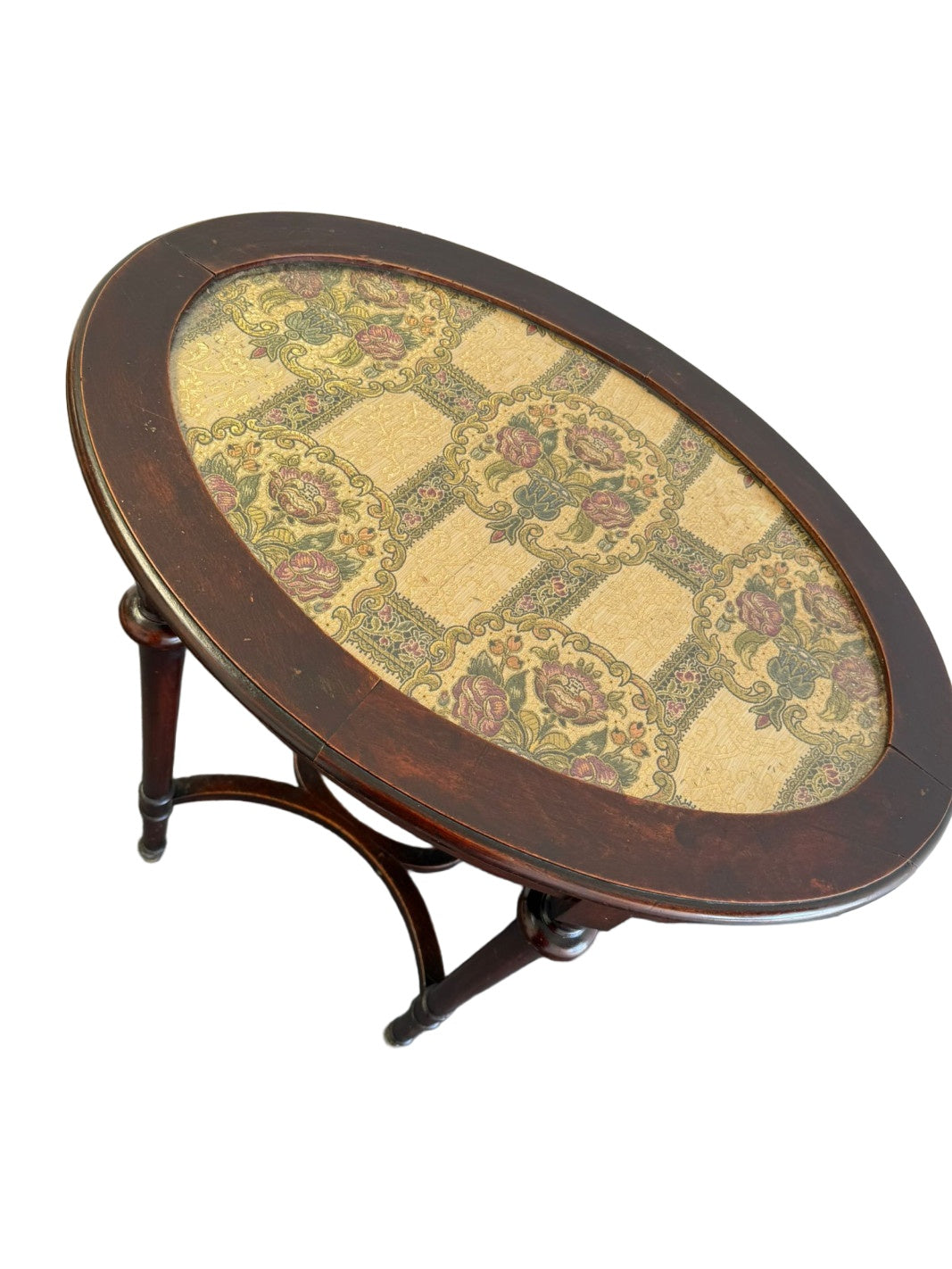Oval Mahogany Table with Embroidered Glass Top — original alternate view and condition details on white