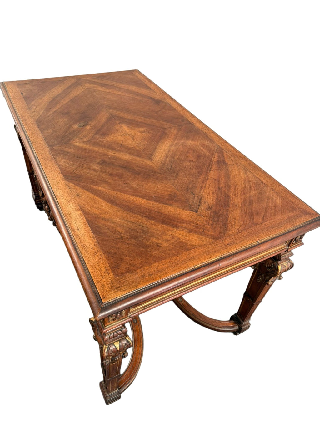 French Carved Table with Ornamental Stretcher — original alternate view and condition details on white