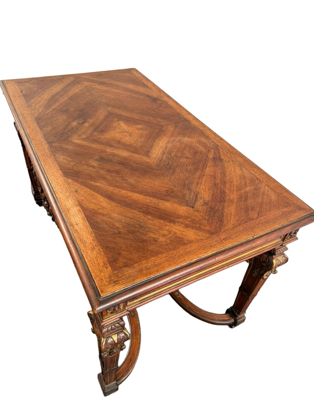 French Carved Table with Ornamental Stretcher — original alternate view and condition details on white