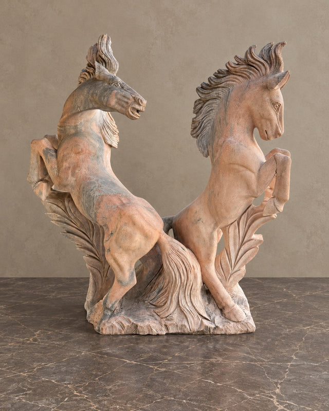Rearing Horses Carved in Pink Marble