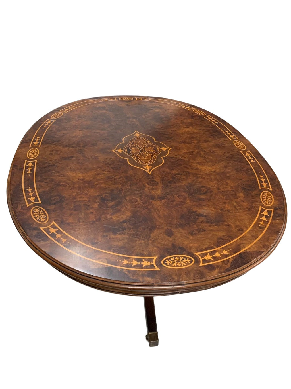 Oval Flame Mahogany Marquetry Table — original alternate view and condition details on white