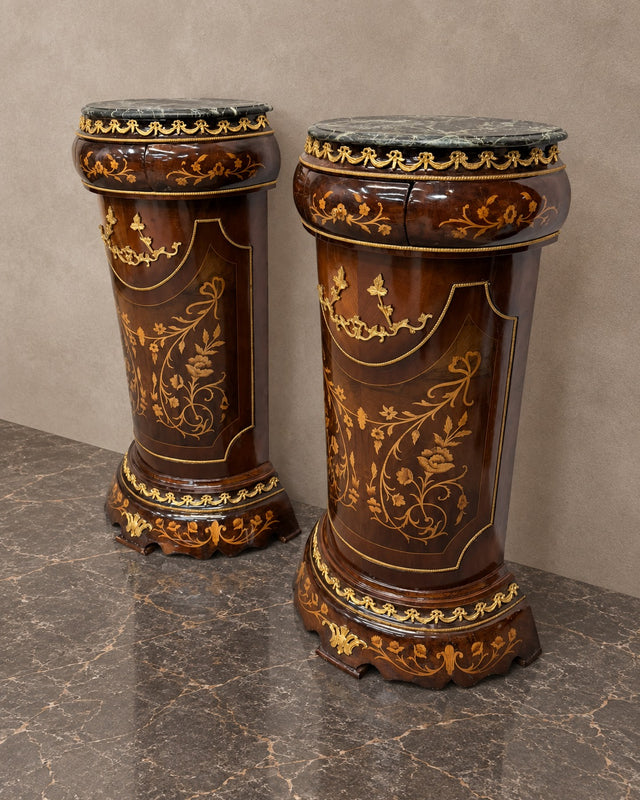 Pair of Floral Marquetry Pedestals with Drawers