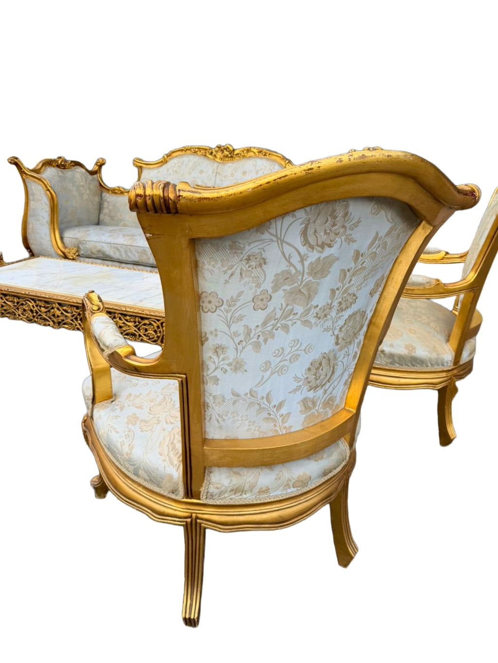 Gilt Baroque-Style Salon Suite — original rear armchair view showing wear to the gilded upper rail, on white
