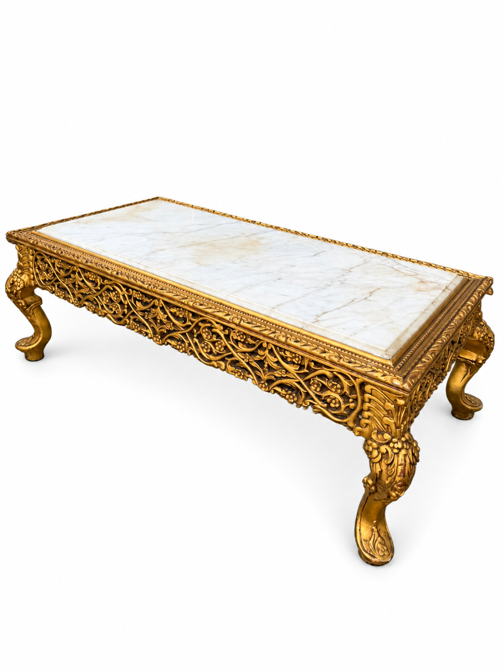 Gilt Baroque-Style Salon Suite — marble-top coffee table detail on white