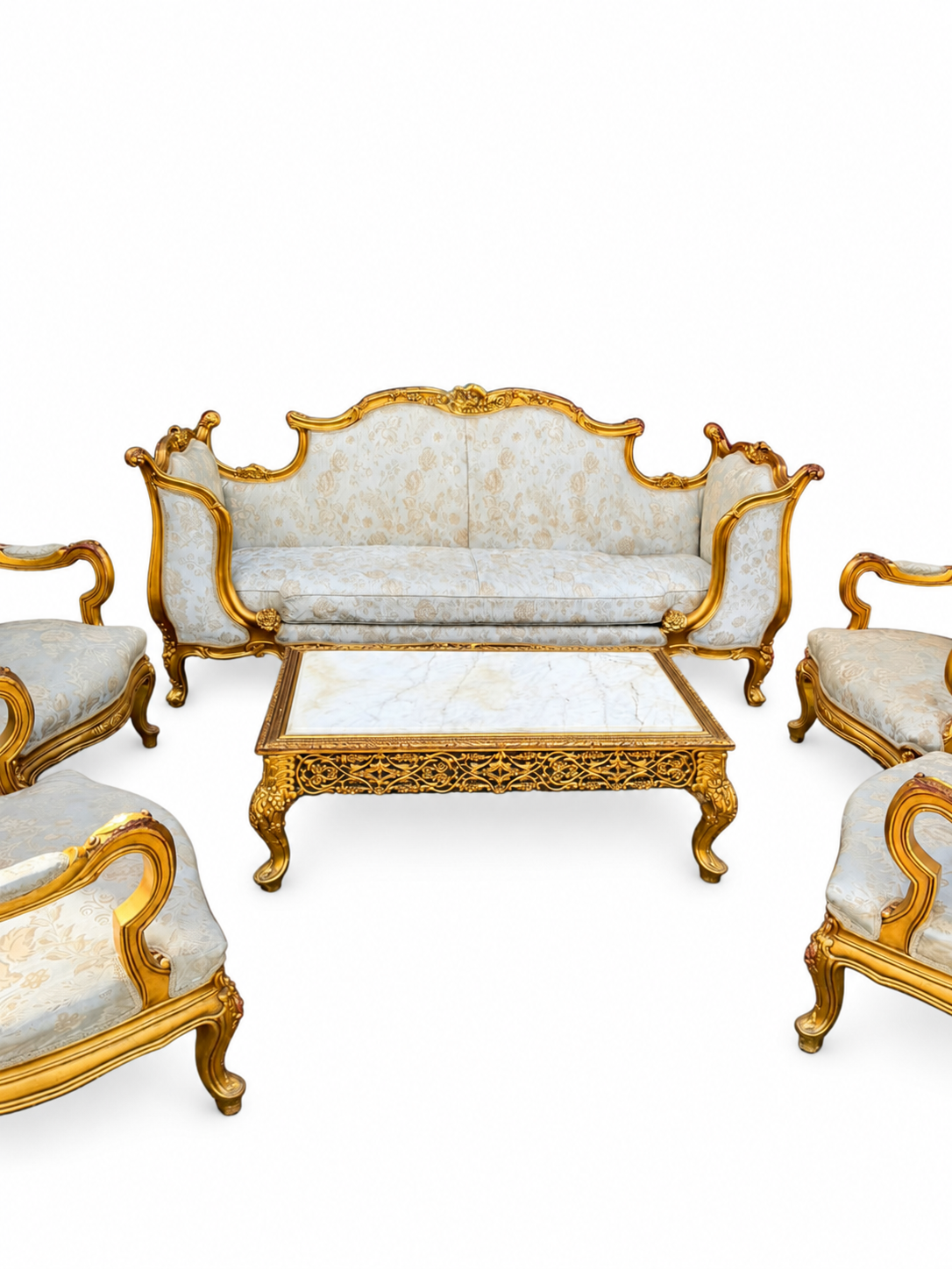 Gilt Baroque-Style Salon Suite — general view of the six-piece set on white