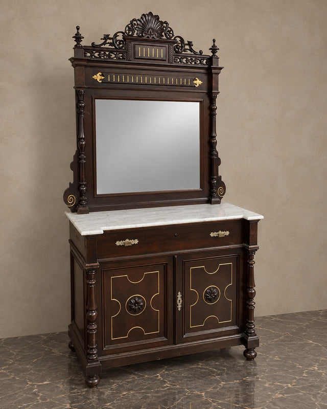 Carved Hall Cabinet with Mirror and Marble Top
