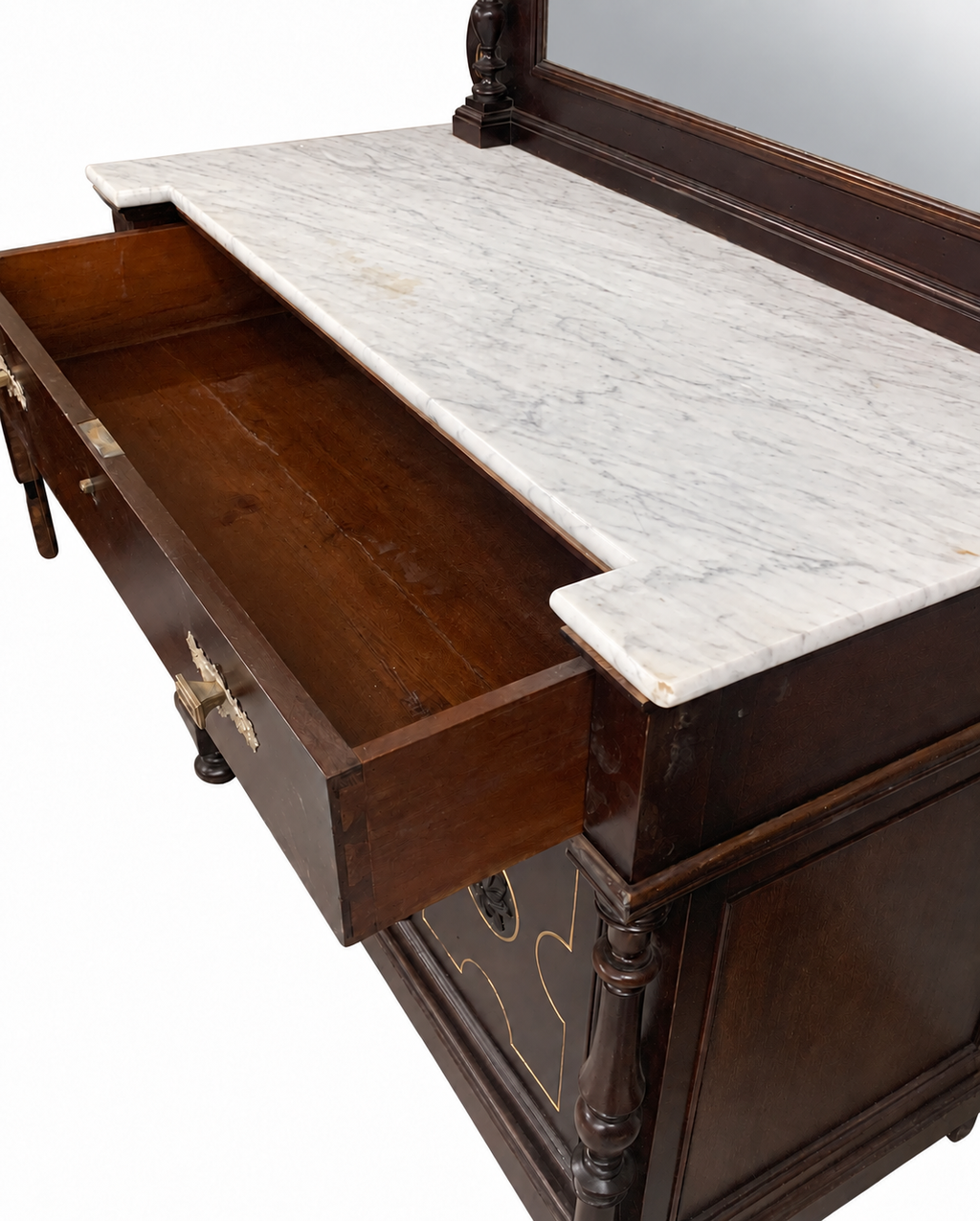 Carved Hall Cabinet with Mirror and Marble Top — original alternate view and condition details on white
