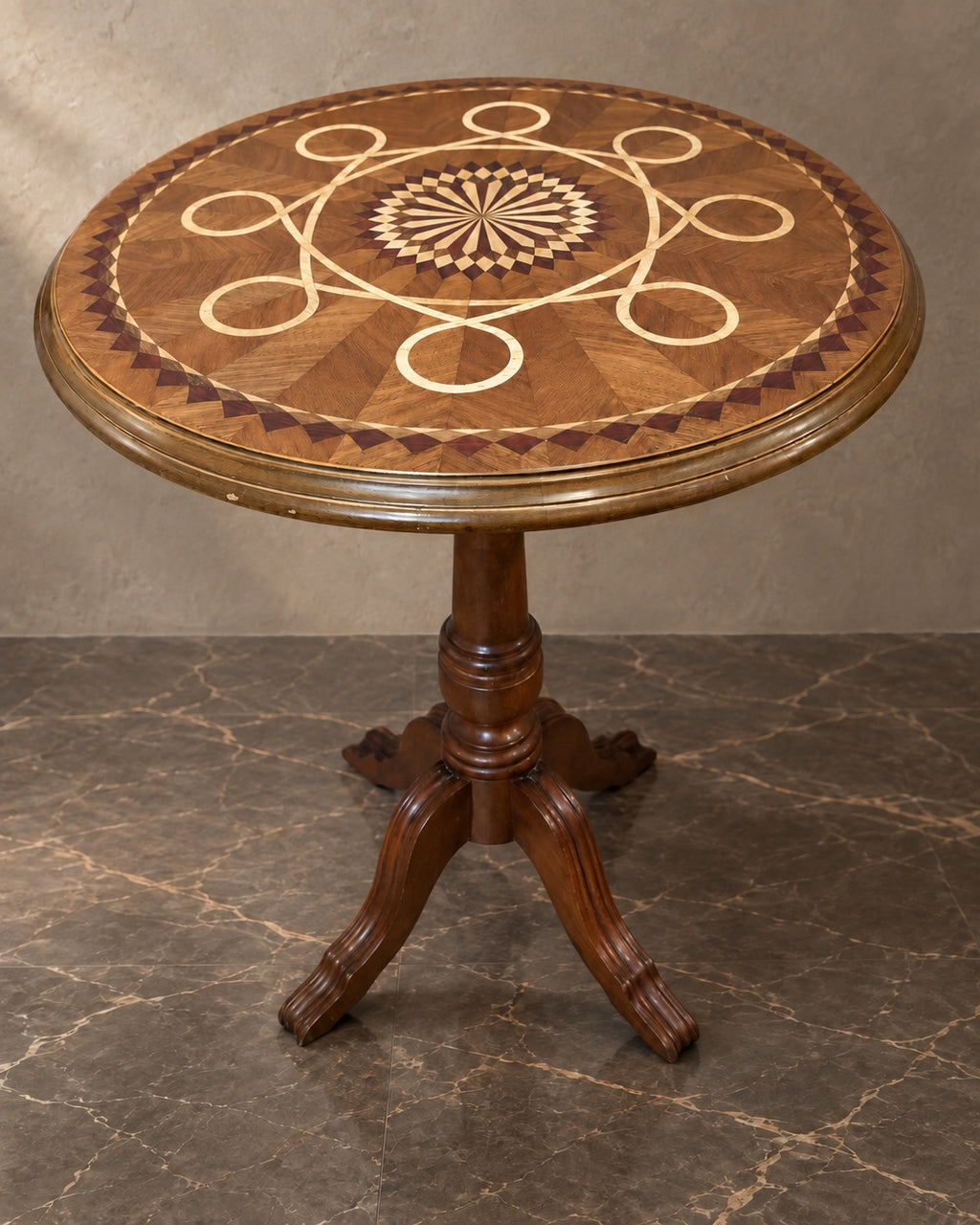 Loop Marquetry Pedestal Table in a styled setting