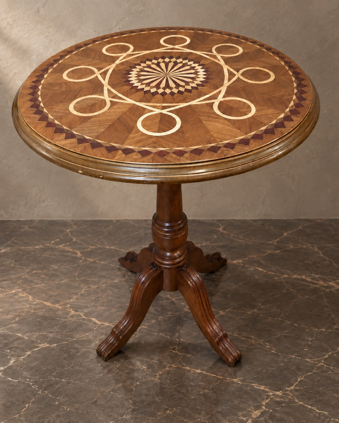 Loop Marquetry Pedestal Table in a styled setting