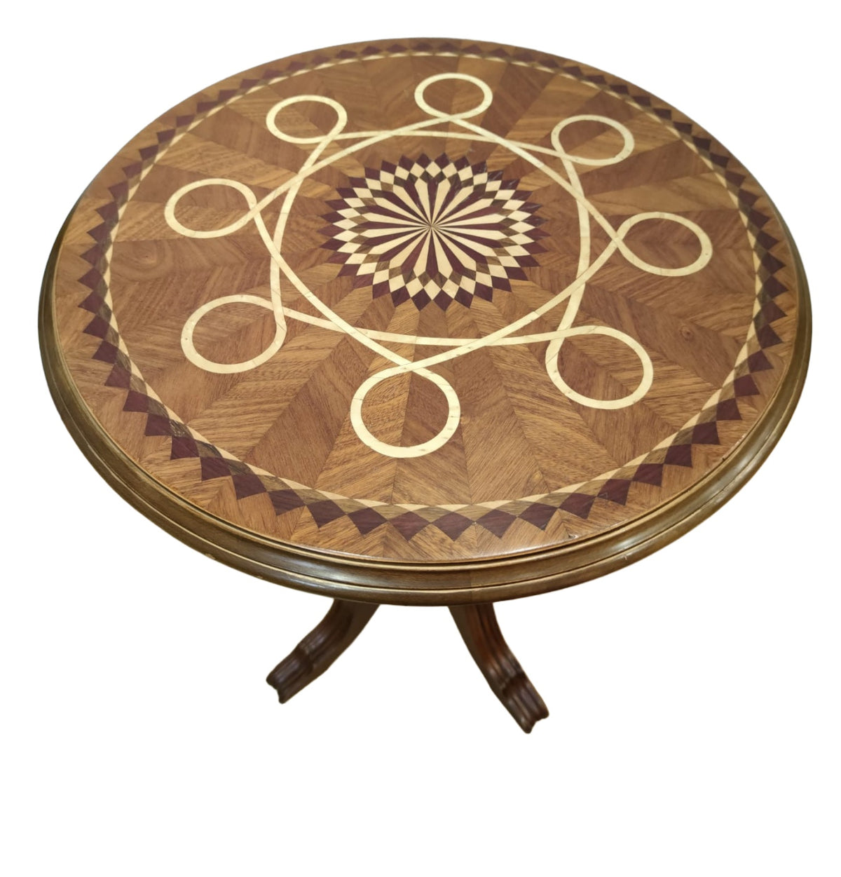 Loop Marquetry Pedestal Table — original alternate view and condition details on white