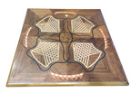 Square Geometric Marquetry Pedestal Table — original alternate view and condition details on white