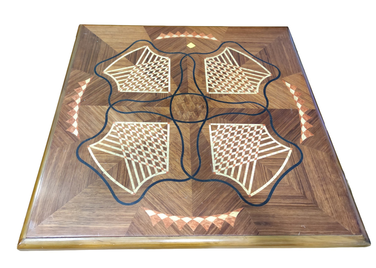 Square Geometric Marquetry Pedestal Table — original alternate view and condition details on white
