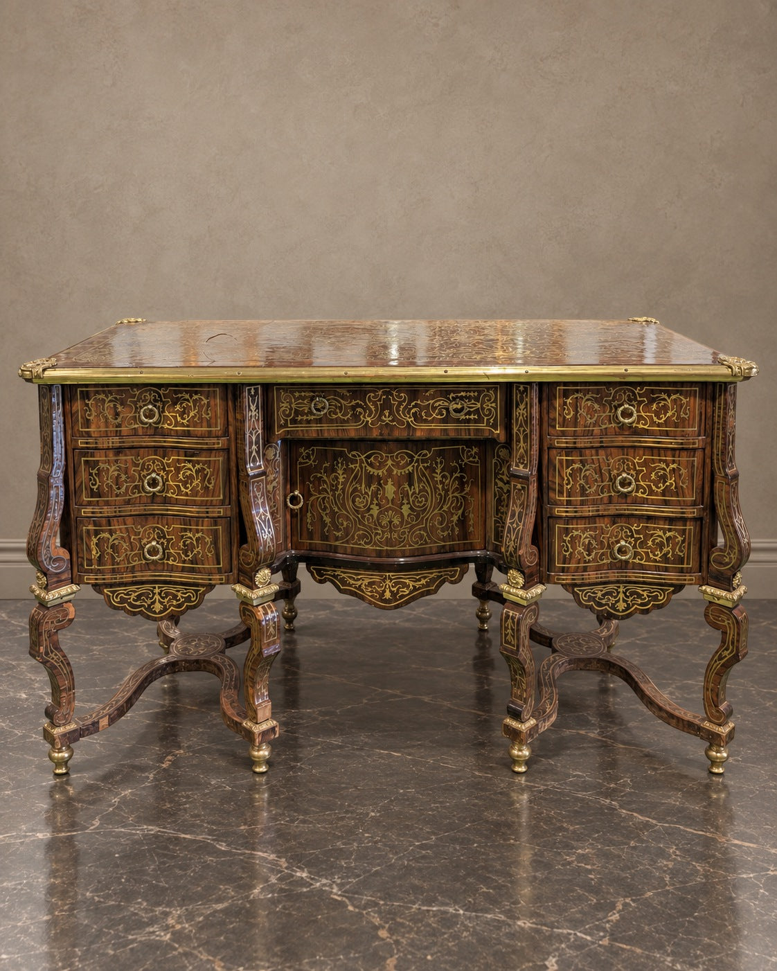 Ornate Metal-Inlaid Writing Desk in a styled setting