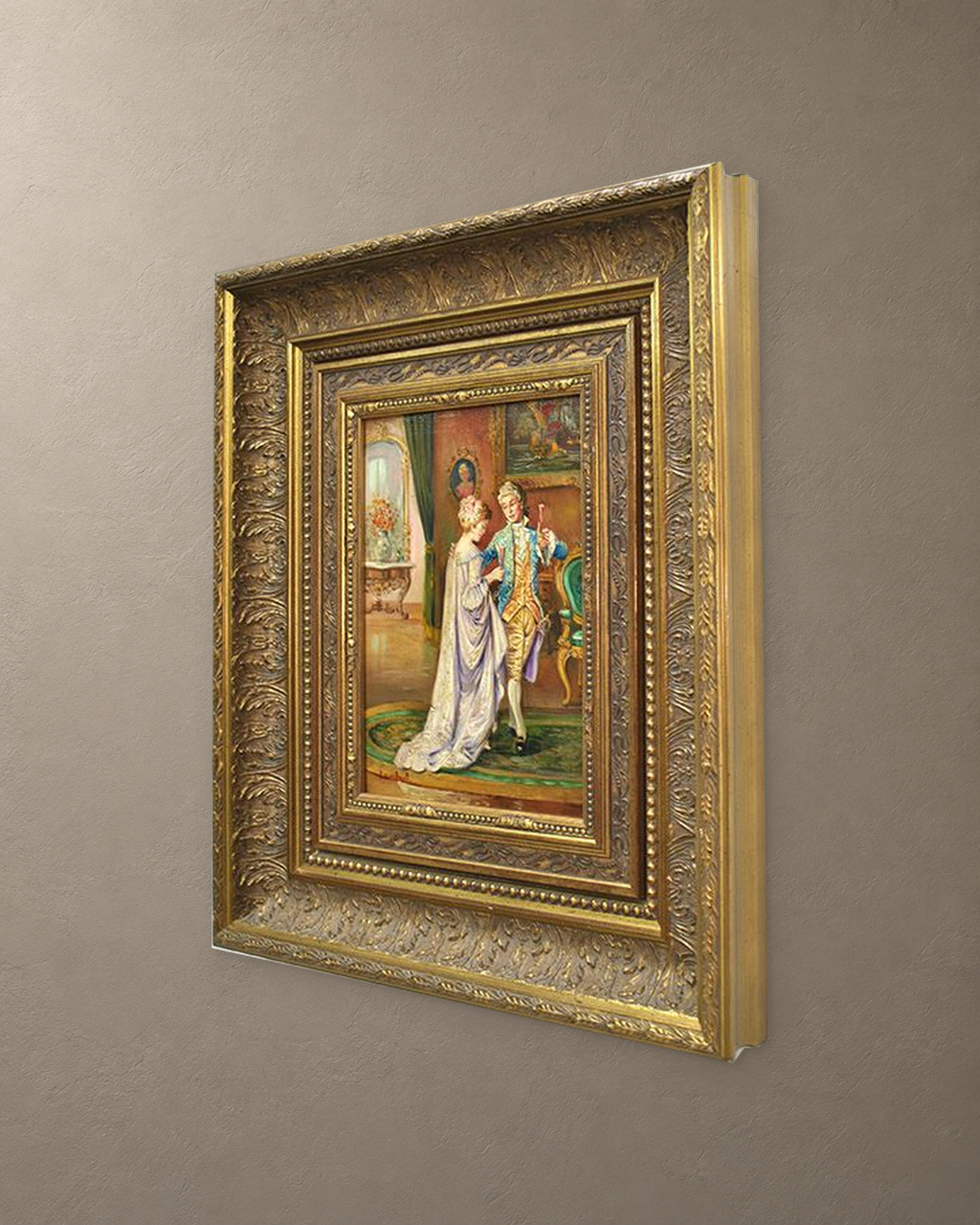A Salon Toast, Oil on Copper Signed Lambert — framed artwork on a taupe wall