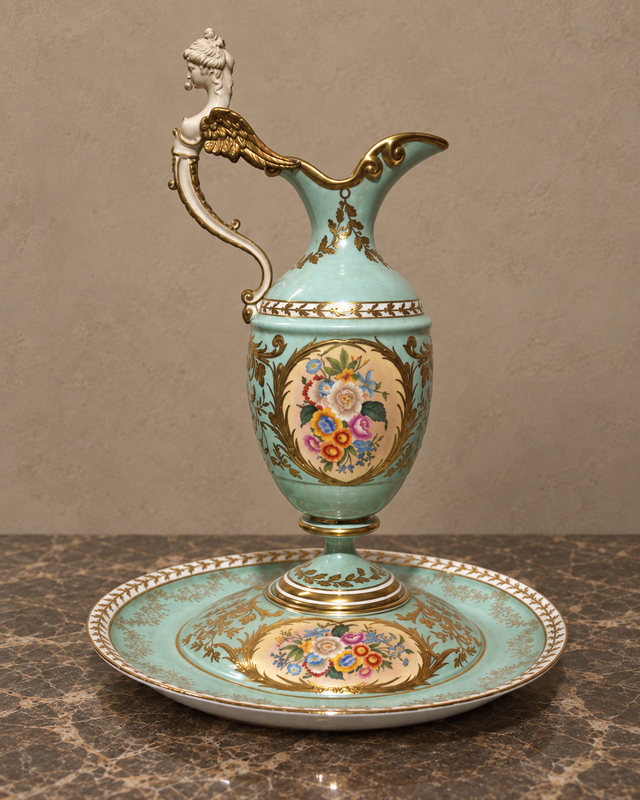 Aquamarine Porcelain Ewer and Dish with Figural Handle