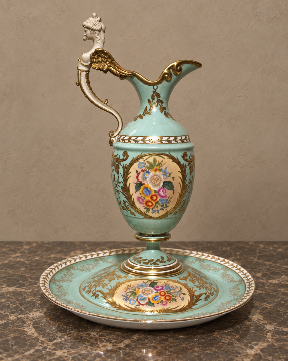 Aquamarinfarbene Porzellankanne und Schale mit figürlichem Henkel