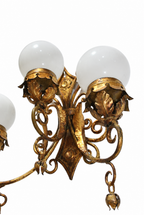 Gilt Wrought-Iron Wall Sconce with Three Opaline Globes — detail on white background