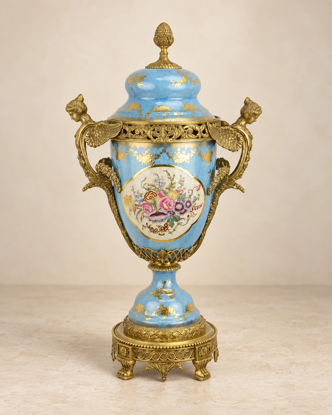 Blue Floral Porcelain Covered Urn